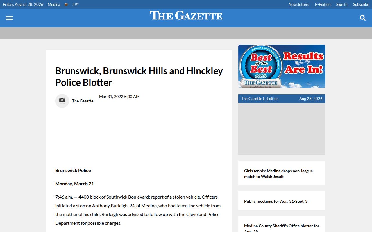 Medina County Brunswick arrest record blotter source