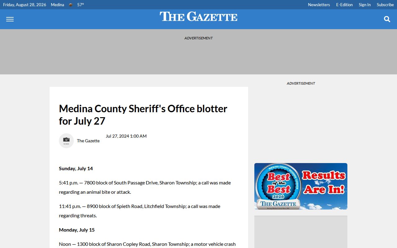 Medina County Sheriff blotter arrest-record news source