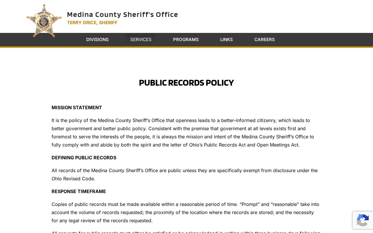 Medina County Jail booking record public-records policy